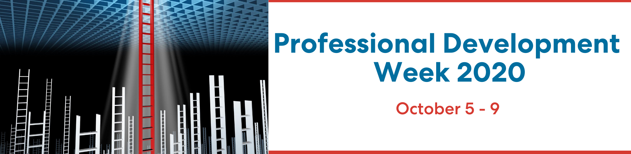 Red ladder rising above a room full of other ladders - the ladder of success